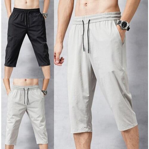 Solid Color Capri Pants Elastic Waist Men Drawstring 3/4 Length Cropped Trousers Sweatpants