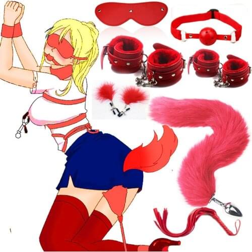 Red 7pcs Sex Bondage Kit Slave Adult Games Hand Cuffs Whip feather nipple clip Blindfold Gag fox anal tail plug Erotic Toys Set