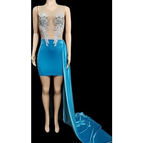 Sparkly Rhinestones Mesh Blue Velve Transparent Short Dress Women Birthday Party Sexy Evening Long Train DRESS Singer Stage Wear