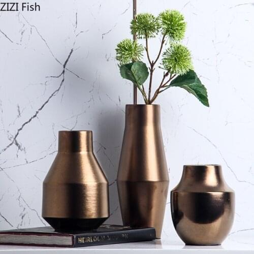 Gold Vases Modern Decor Ceramic Vase Simplicity Golden Floral Art Decorative Porcelain Flower Arrangement Living Room Decoration