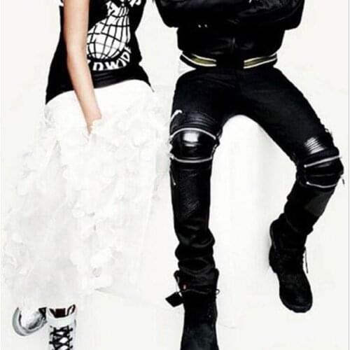 Mens jeans European and American split leather PU zipper decorative large size casual pants mens stage hip hop dance trend