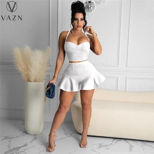 VAZN 2021 New Fashion Solid Sleeveless Bikini Shinny Set Top Short Pant Sexy Young High Waist Skinny Women 2 Piece Set