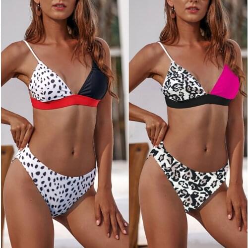 New Solid Leopard Patchwork Sexy Bikini Set Swimsuit Triangle Cartoon Women Two Piece Swimwear Swimming Suit Female Beach Wear