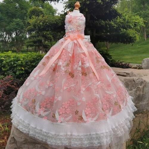 Handmade Clothes Dog Dress Birds Sing Vigorous Pink Embroidery Pearl Flowers Lace Skirt Dancing Party Pet Tailing Wedding Gown