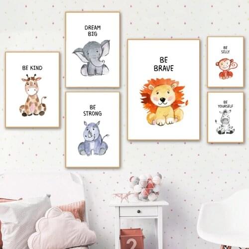 Deer Monkey Elephant Lion Rhino Zebra Cartoon Wall Art Canvas Painting Nordic Posters And Prints Wall Pictures Kids Room Decor