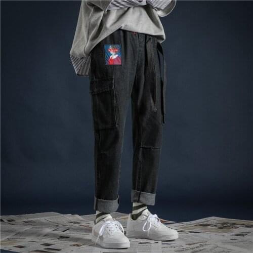Wholesale 2020 Casual Fashion Mens Korean trendy loose overalls cargo hip hop patch casual fall wide leg straight jeans men