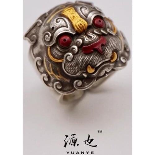 Original handmade bronze animal face pattern Yinhu 925 silver ring with gold inlaid Chinese style ring