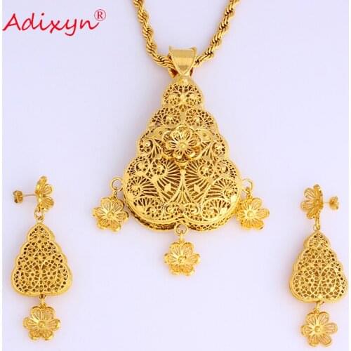 Adixyn Hollow African Big Jewelry set Necklace/Earrings/Pendant Gold Color/Brass dubai Bridal Wedding Jewelry N08086