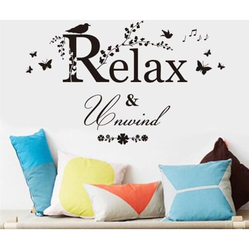 Relax Unwind quote bird butterfly tree branch flower home decal wall sticker black color study work room decor wallpaper