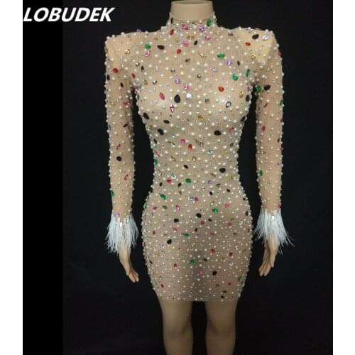 Luxury Multi Color Rhinestones Beads Mesh Mini Dress Women Sexy Birthday Prom Crystals Transparent Dresses Singer Stage Costume