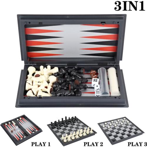 3 In 1 Magnetic Chess Backgammon Checkers Set Folding Chess Portable International Chess Board Game for Kids Toys Funny Gift