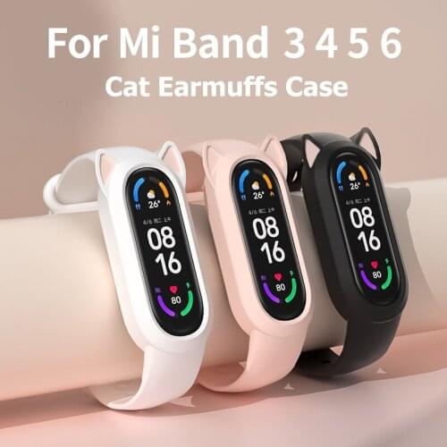 Silicone Strap For Xiaomi Mi Band 5 6 Cat Earmuffs Case for Mi Band 4 5 6 3 Cute Ears Bumper Wristband for Amazfit 5 Pink Color