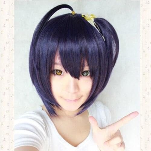 Takanashi Rikka-peluca Cosplay de estilo corto + gorro para peluca, color morado y negro
