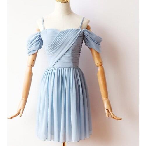 A-line Boat Neck Korean Above Knee Mini Chiffon Club Simple Short Sexy Party Cute Blue Dress Women Summer Dress Ladies Dresses