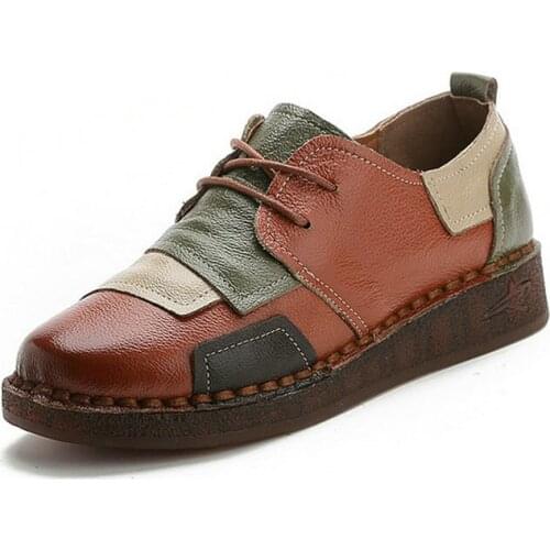 Womens Shoes Color Matching Vintage Soft Leather Handmade Flats Lace-Up Single Shoes Winter Fashion Casual Warm Cotton Shoes