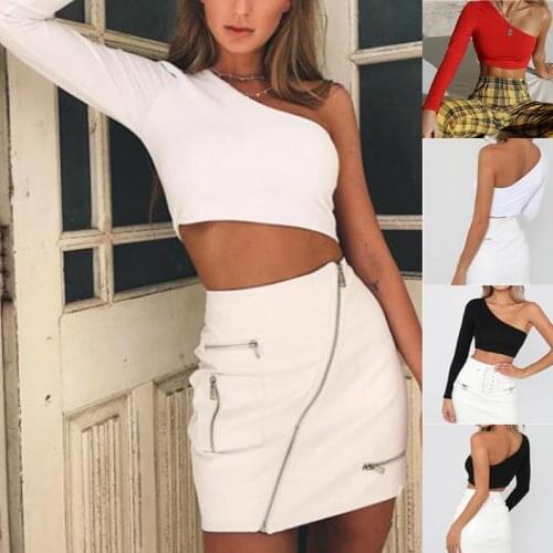 One Shoulder Slope Neckline T Shirt Sexy Solid Long Sleeve Womens Tshirt White Black Crop Top Ladies T-shirt 2021 New Fashion
