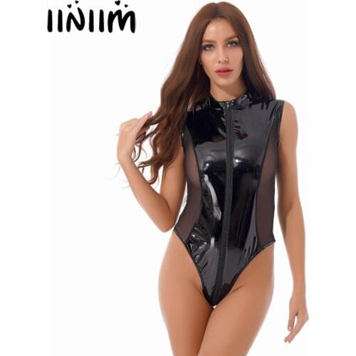 Women Latex Catsuit Wetlook Shiny Patent Leather Sleeveless Mock Neck Leotard Bodysuit See-Through Mesh Patchwork Zipper Catsuit