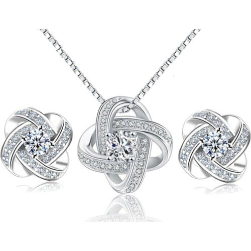 MEEKCAT 925 Sterling Silver Eternal Heart Twist Zircon Jewelry Set Silver necklace Earring Set For Women Wedding Jewelry