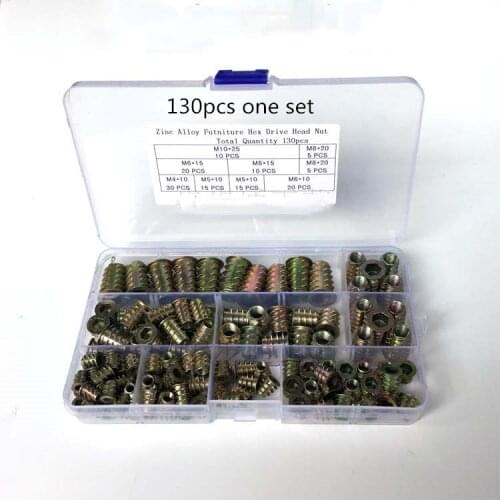 130Pcs M4 M5 M6 M8 M10 Zinc Alloy Thread For Wood Insert Nut Flanged Hex Drive Head Furniture Nuts