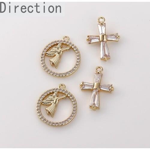 14k Gold Angel cross Zircon Pendant DIY handmade earrings necklace accessories copper plated with real gold