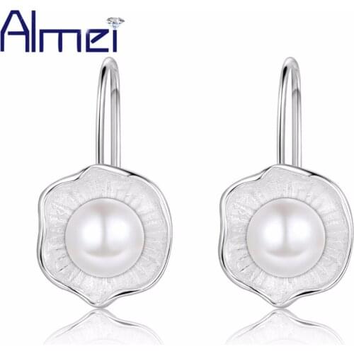 Almei 15% Off Lotus Stud Earrings Fashion Flower Simulated Pearl Round Earring Jewelry for Women Girl Boucles D'oreilles BL3355