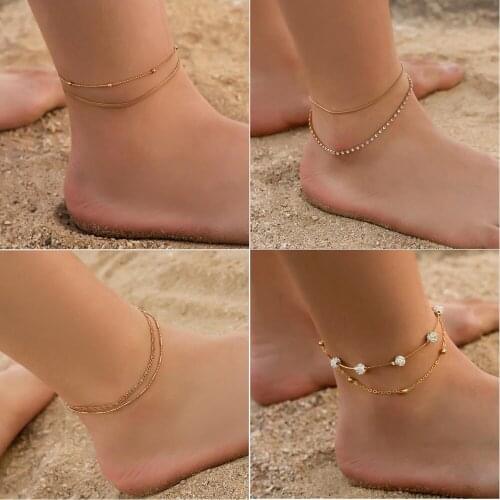 Two layer Anklet crystal setting ball charm snake bamboo Bead chain gold silver plated with extend chain Lobster Clasp gift