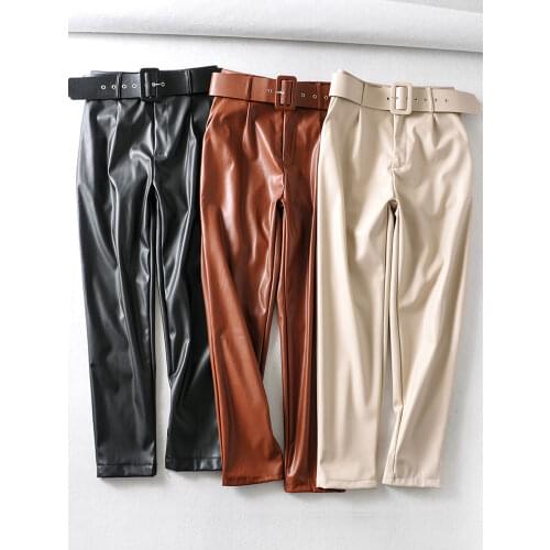 PU Leather High Waisted Pants Women Fashion Loose Faux Leather Trousers Women Elegant Pockets Pants Female Ladies 3 Color Beige