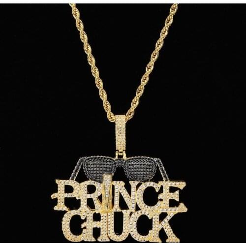 18k Gold Plated Lab Diamond Necklace Iced Out PRINCE CHUCK Sunglasses Letters Pendent Hip Hop Chain for Men Women