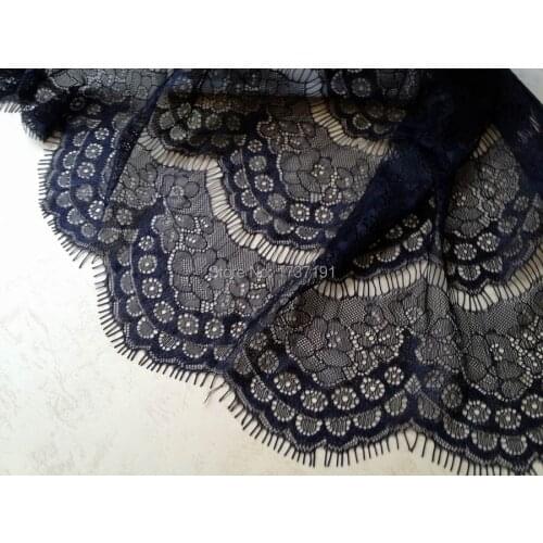 Black Eyelash Floral Lace Fabric, Scalloped Edge Lace, Bridal Fabric Lace, Vintage Black Fabric Yardage