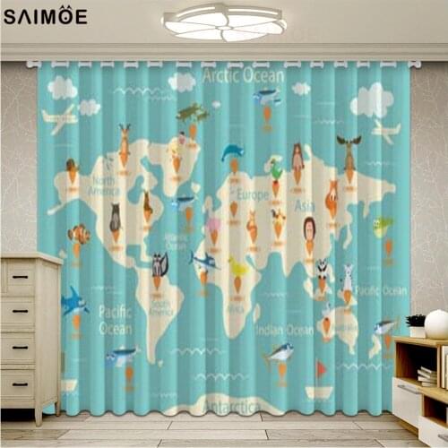 Colorful Animal World Map Printed Kids Curtains For Living Room Boys Girls Bedroom Ultra-thin Micro Shading Cortinas