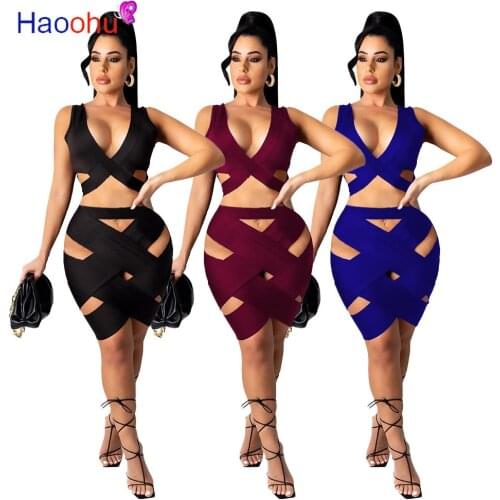 HAOOHU Sexy Bandage Two Piece Set Hollow Crop Top Bodycon Midi Dresses for Women Summer Night Club Outfits Party Matching Sets