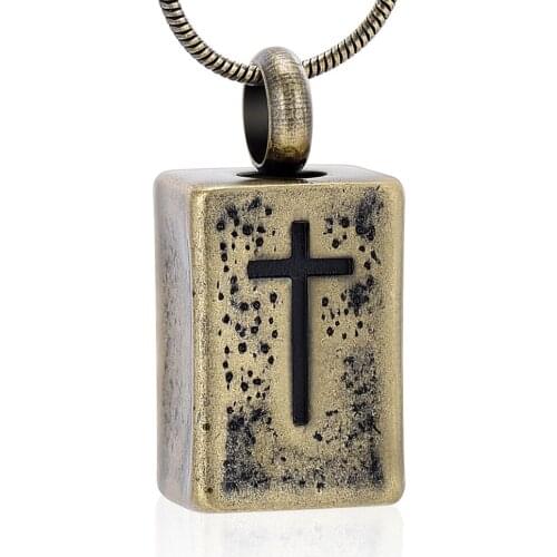 IJD10328 Retro Rectangular Stainless Steel Cremation Cross Keepsake Necklace for Ashes Urn Memorial Pendant Jewelry