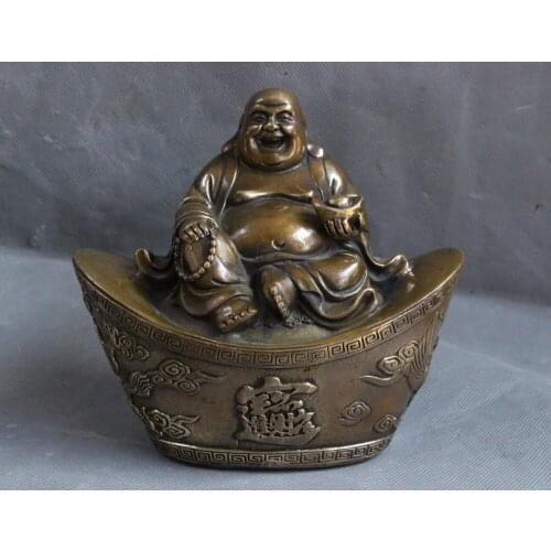 Chinese Bronze Dragon Phoenix Happy Laugh Maitreya Buddha Sit Yuanbao Statue