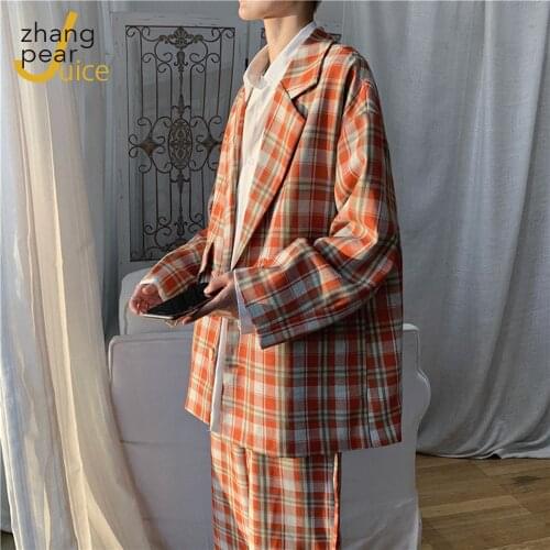 Men Pants Suit Two Piece Sets Plaid Grid Male Blazers Suits For Men Suit Korean Fashion Male Blazers Suits Casual Blazer+Pants