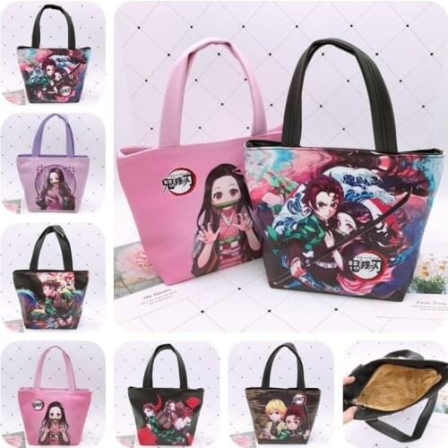 Cartoon Anime Devils Blade Tanjirou Nezuko Pu Lunch Box Bag Demon Slayer Kimetsu No Yaiba Student Lunch Box Tote Hand Bag