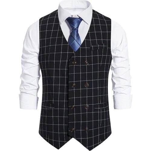 Mens Black Gentleman Suit Vests 2021 Vintage Plaid Double Breasted Vest Waistcoat Men Casual Business Wedding Prom Gilet Homme