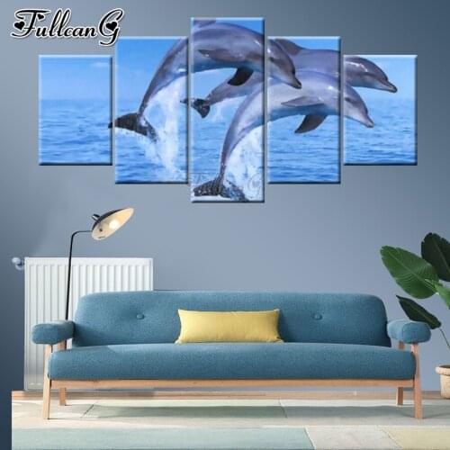 FULLCANG dolphin animals 5 piece diy diamond painting full square round drill mosaic embroidery sale wall decoration FG0187