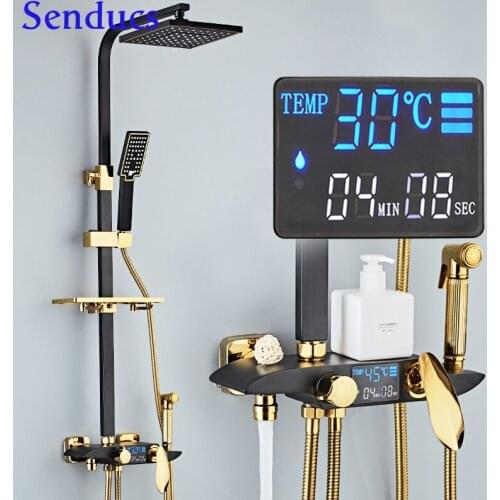 Thermostatic Shower Set Round Knob Senducs Bathroom Shower System White Gold Brass Bathtub Mixer Faucet Digital Shower Set