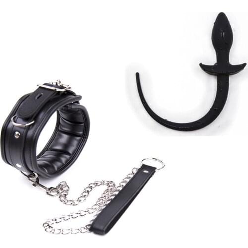 Adult Game Set Silicone Dog Tail Anal Insert PU Leather Necklace Collar Belt, Crawling Paw Cosplay Puppy Play Adult Game