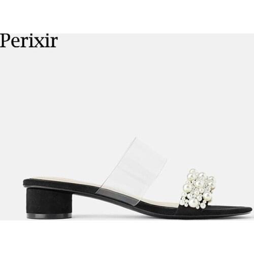 Perixir Design Women Sandals Flats Open Round Toe String Bead Footwear Square Crystal Mid Heel 2021 Newest Lady Shoes In Summer
