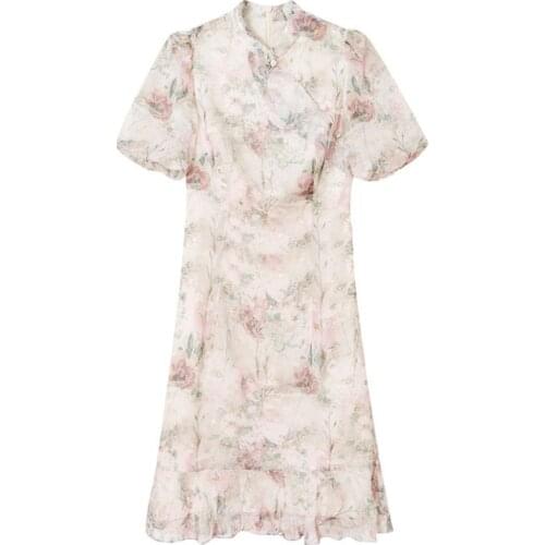 Spring Summer 2021 Fashion New Women Short Sleeve Floral Print Cheongsam Design Elegant Slim Dress Casual Party Vestidos