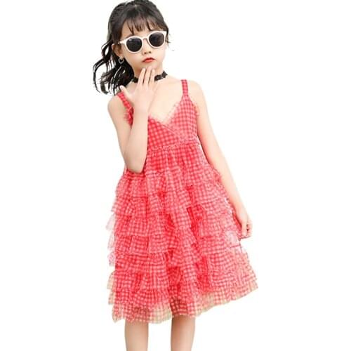Girl Dress Plaid Pattern Party Girl Dress Mesh Tiered Dress For Children 2021 Childrens Clothing 6 8 10 12 14
