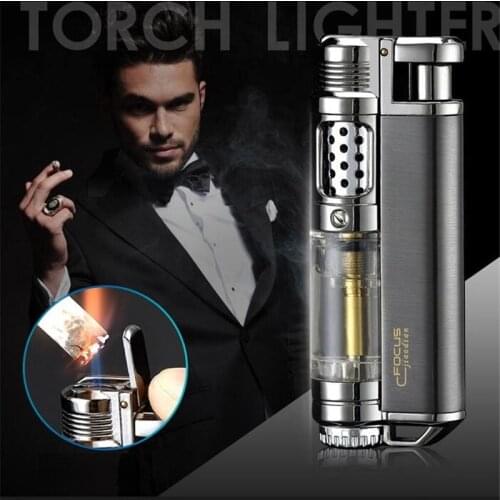 FOCUS Luxury Flame Jet Cigar Lighter Inflatable Butane Gas Lighter Windproof Torch Lighter Spray Gun Metal Cigarette Lighter