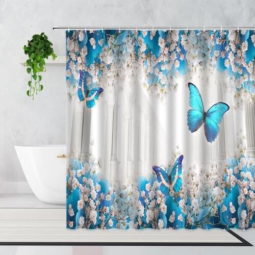 Blue Butterfly Print Shower Curtain Plant Flowers Background Bathroom Decorative Curtains Set Waterproof Bathtub Screen Washable