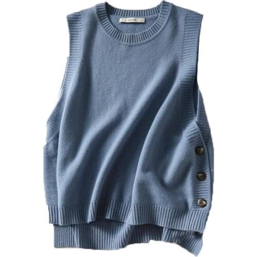 Spring Autumn Women 2021 Fashion Loose Knitted Vest Sweater Female O Neck Sleeveless Side Vents Ladies Waistcoat Chic Tops Q20