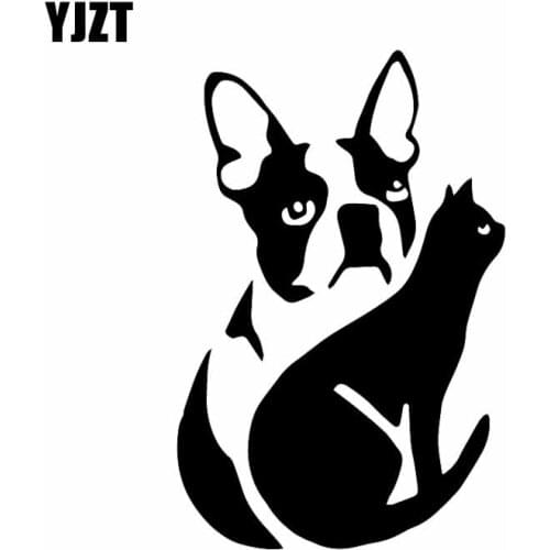 YJZT 10.6X16.2CM Car Sticker Animal Boston Terrier With Cat Nice Silhouette Vinyl Decal Black/Silver C24-1832