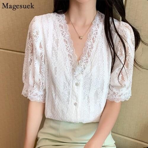 Summer Lace Chiffon Blouse Women New 2021 Sweet Korean Crochet Womens Shirt Vintage V-neck Short Sleeve Solid Ladies Tops 14079