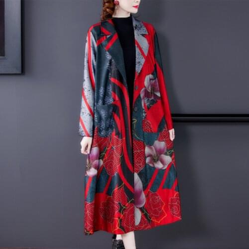 Oversizedd Mid-Length Windbreaker Womens Spring 2021 Korean Fashion Loose Vintage Printing Suit Collar Trench Coat Female A682
