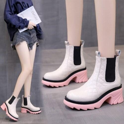 Elastic Pu Leather Chunky Chelsea Boots Women Autumn Square Heels Platform Ankle Boots Woman Slip on Botas De Mujer 2021