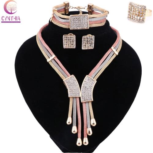 Women Italy Dubai Gold Three Tone Necklace Earrings Bracelet Ring Jewelry Sets Wedding Party Bridal Accessories Costume Jewelry
